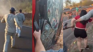 Trabalhadores resgatam gestante de 8 meses e seu marido após caminhão tombar (Vídeo)